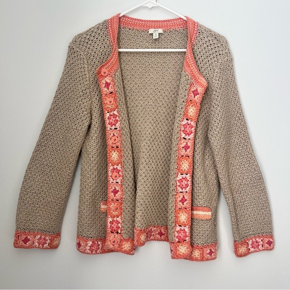 J Jill Linen Open Knit Crochet Cardigan Beige Granny Square Size Medium Petite - Picture 6 of 11
